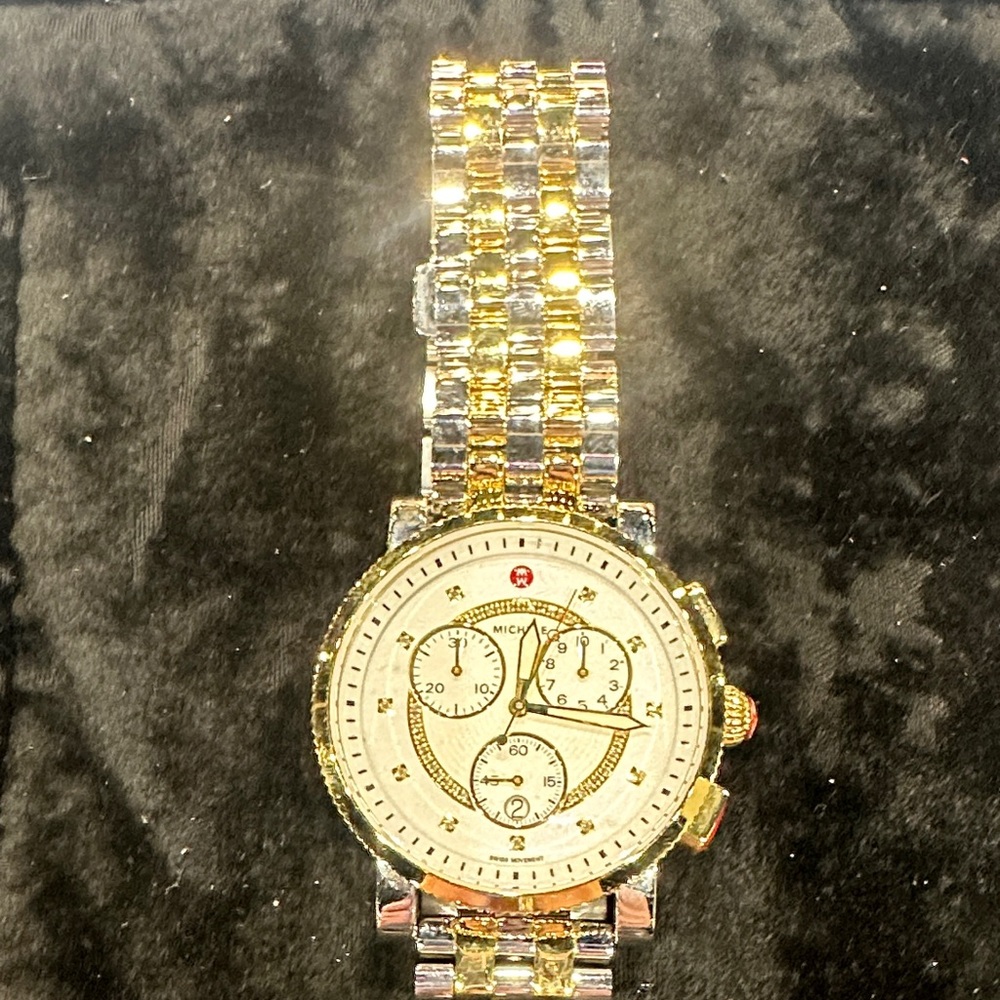 Michele large steel and gold plated Chronograph Watch with diamonds